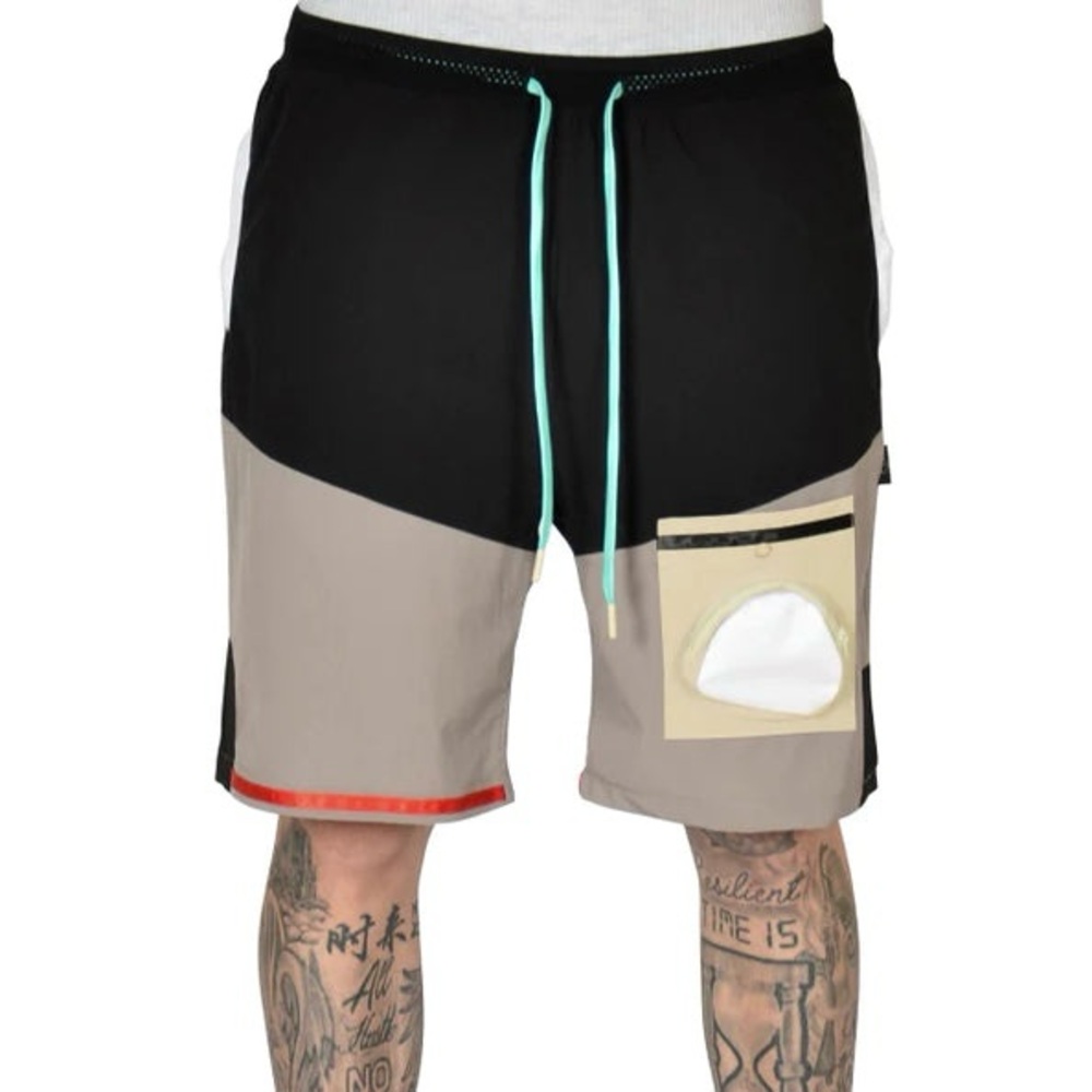 Men's Black and Taupe Athletic Shorts with Contrast Drawstring